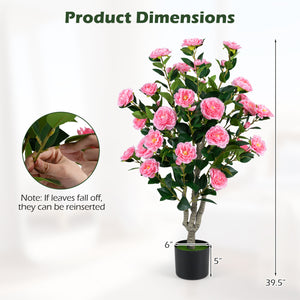 39.5" Artificial Camellia Tree with Orange Blossoms in Cement Pot for Home Decoration-Pink
