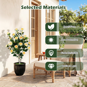 39.5" Artificial Camellia Tree with Orange Blossoms in Cement Pot for Home Decoration-White