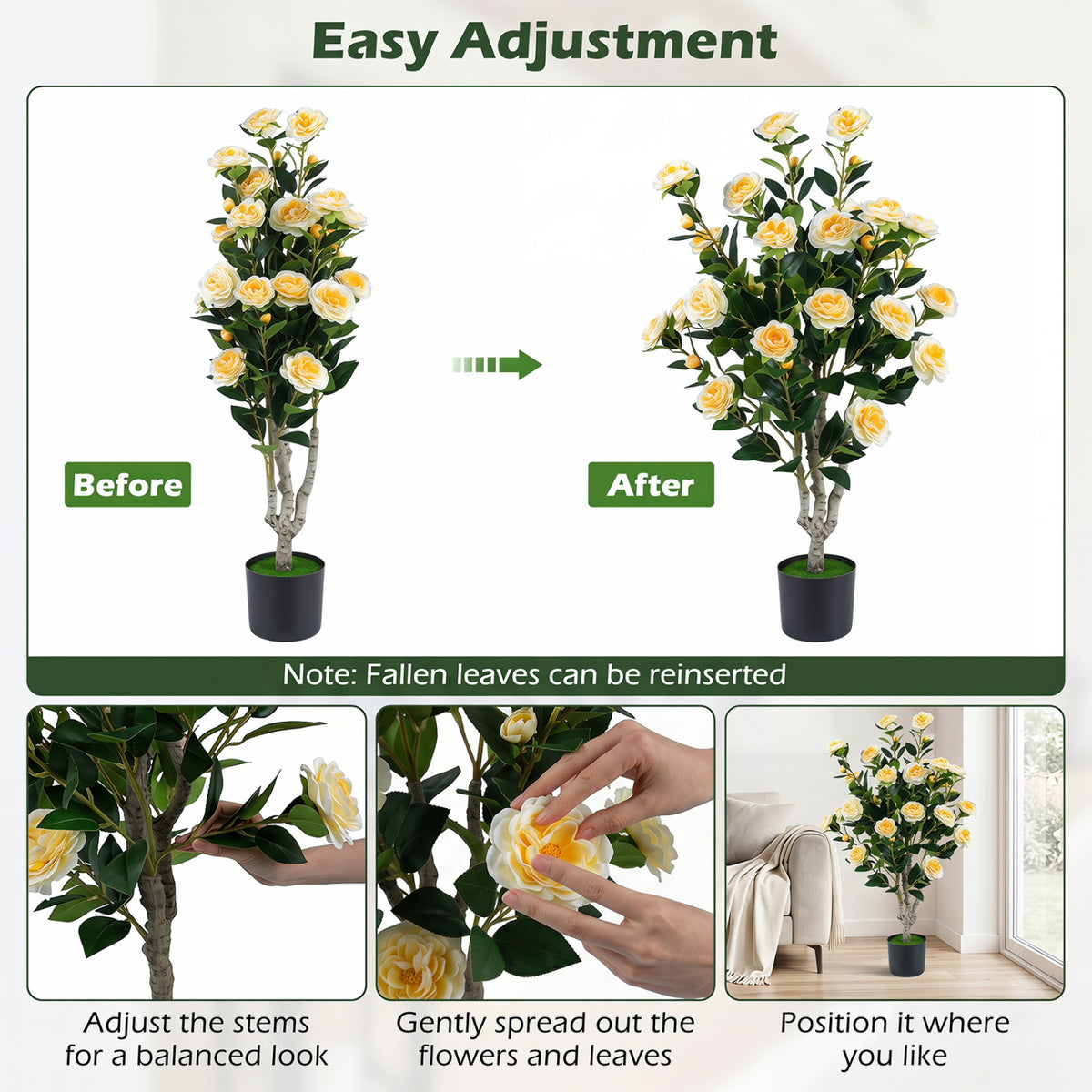 39.5" Artificial Camellia Tree with Orange Blossoms in Cement Pot for Home Decoration-White
