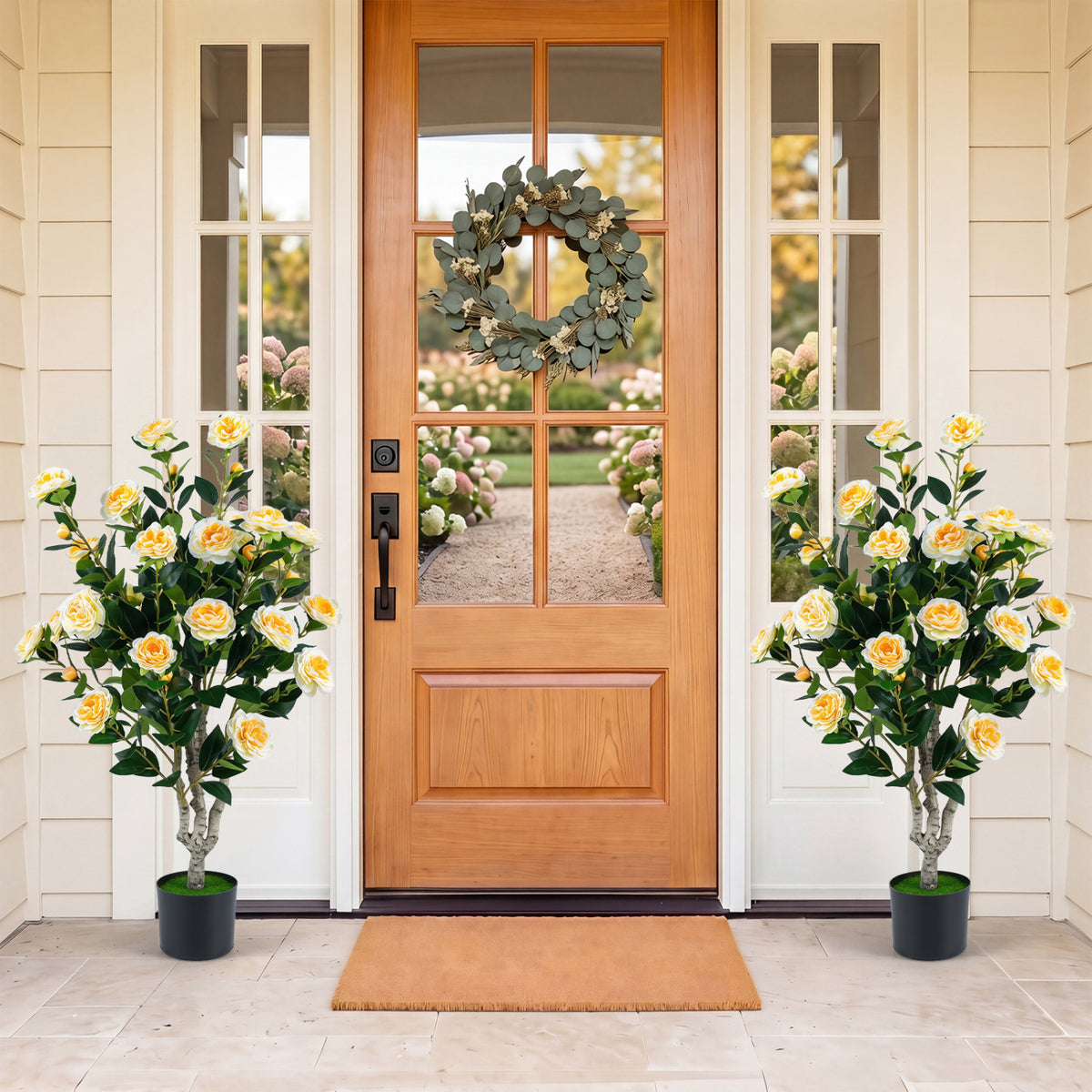 39.5" Artificial Camellia Tree with Orange Blossoms in Cement Pot for Home Decoration-White