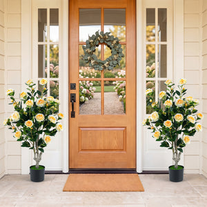 39.5" Artificial Camellia Tree with Orange Blossoms in Cement Pot for Home Decoration-White