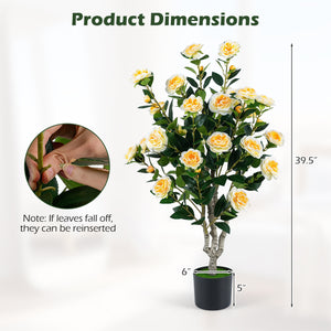39.5" Artificial Camellia Tree with Orange Blossoms in Cement Pot for Home Decoration-White