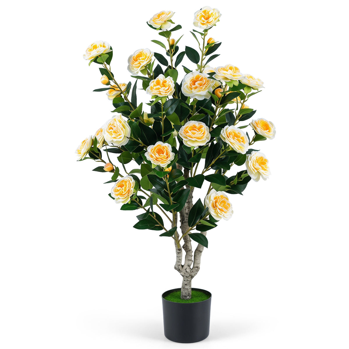 39.5" Artificial Camellia Tree with Orange Blossoms in Cement Pot for Home Decoration-White