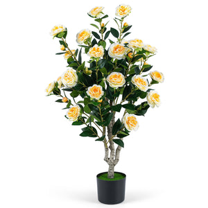 39.5" Artificial Camellia Tree with Orange Blossoms in Cement Pot for Home Decoration-White