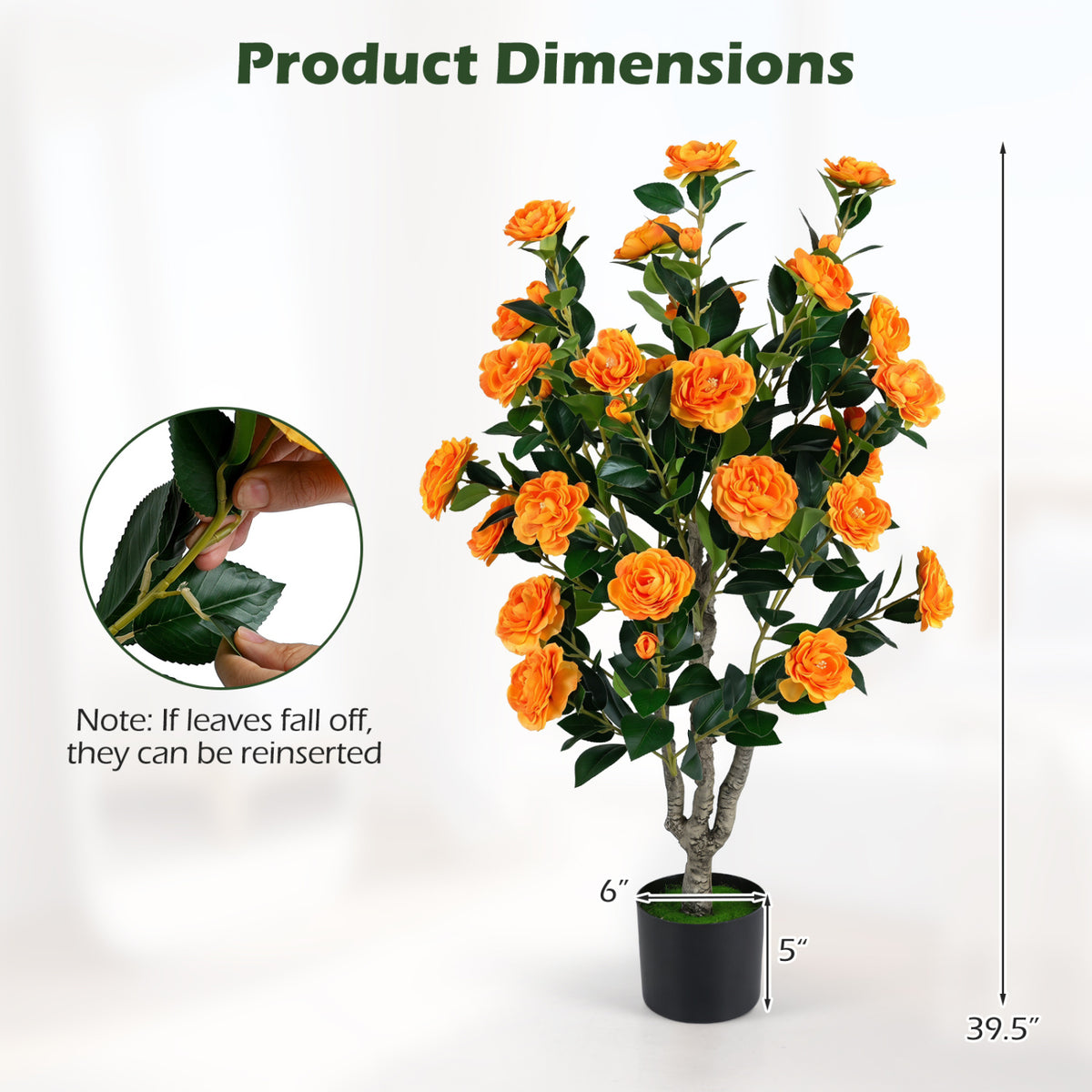 39.5" Artificial Camellia Tree with Orange Blossoms in Cement Pot for Home Decoration-Orange