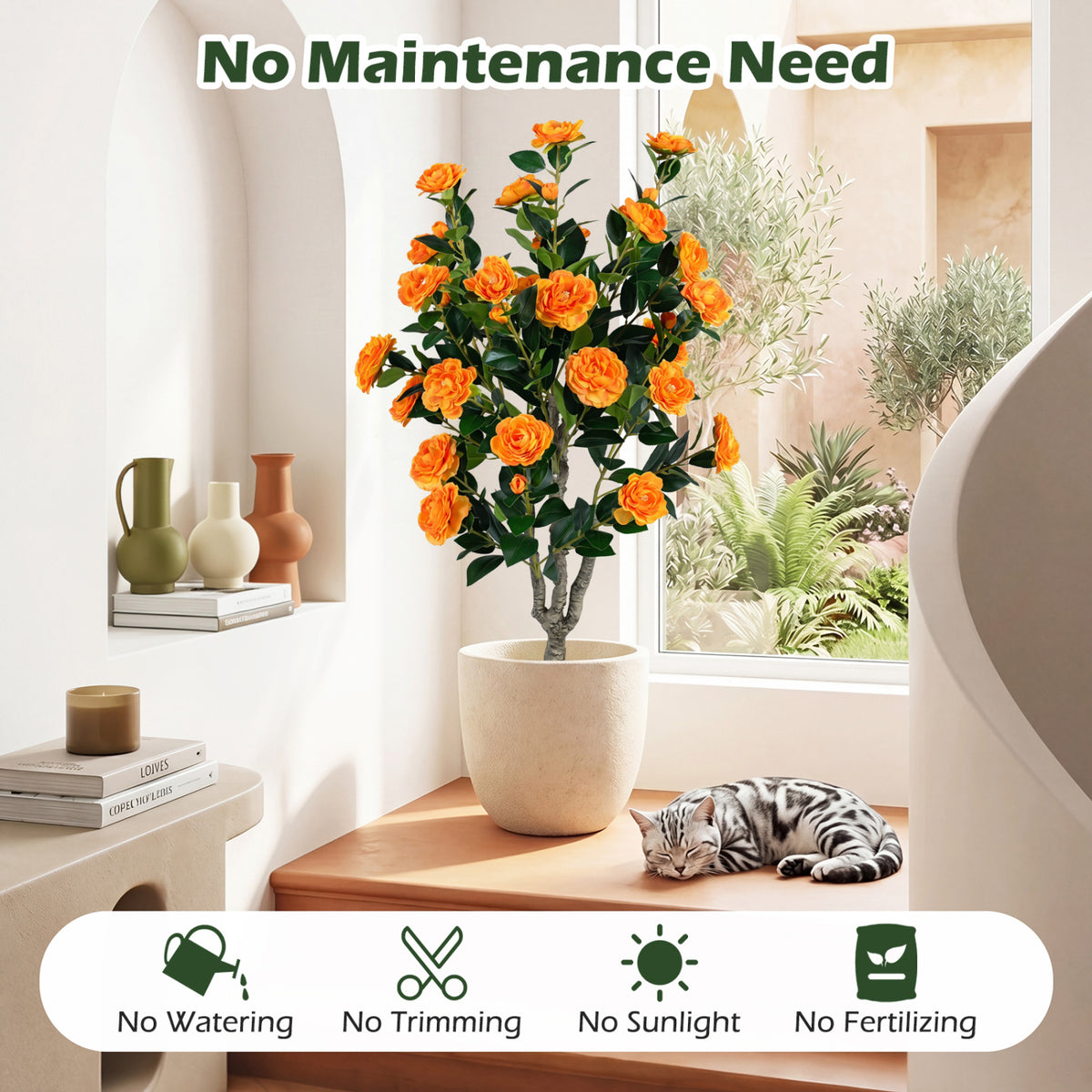 39.5" Artificial Camellia Tree with Orange Blossoms in Cement Pot for Home Decoration-Orange