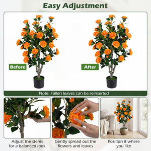 39.5" Artificial Camellia Tree with Orange Blossoms in Cement Pot for Home Decoration-Orange