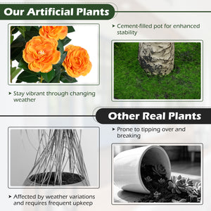 39.5" Artificial Camellia Tree with Orange Blossoms in Cement Pot for Home Decoration-Orange