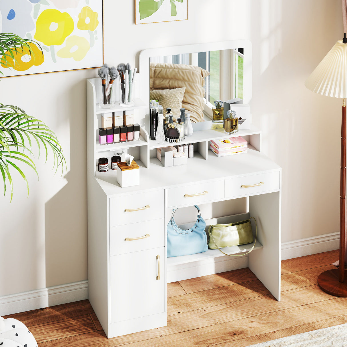 39.5 Inch Vanity Desk with Power Outlets and Mirror for Bedroom-White