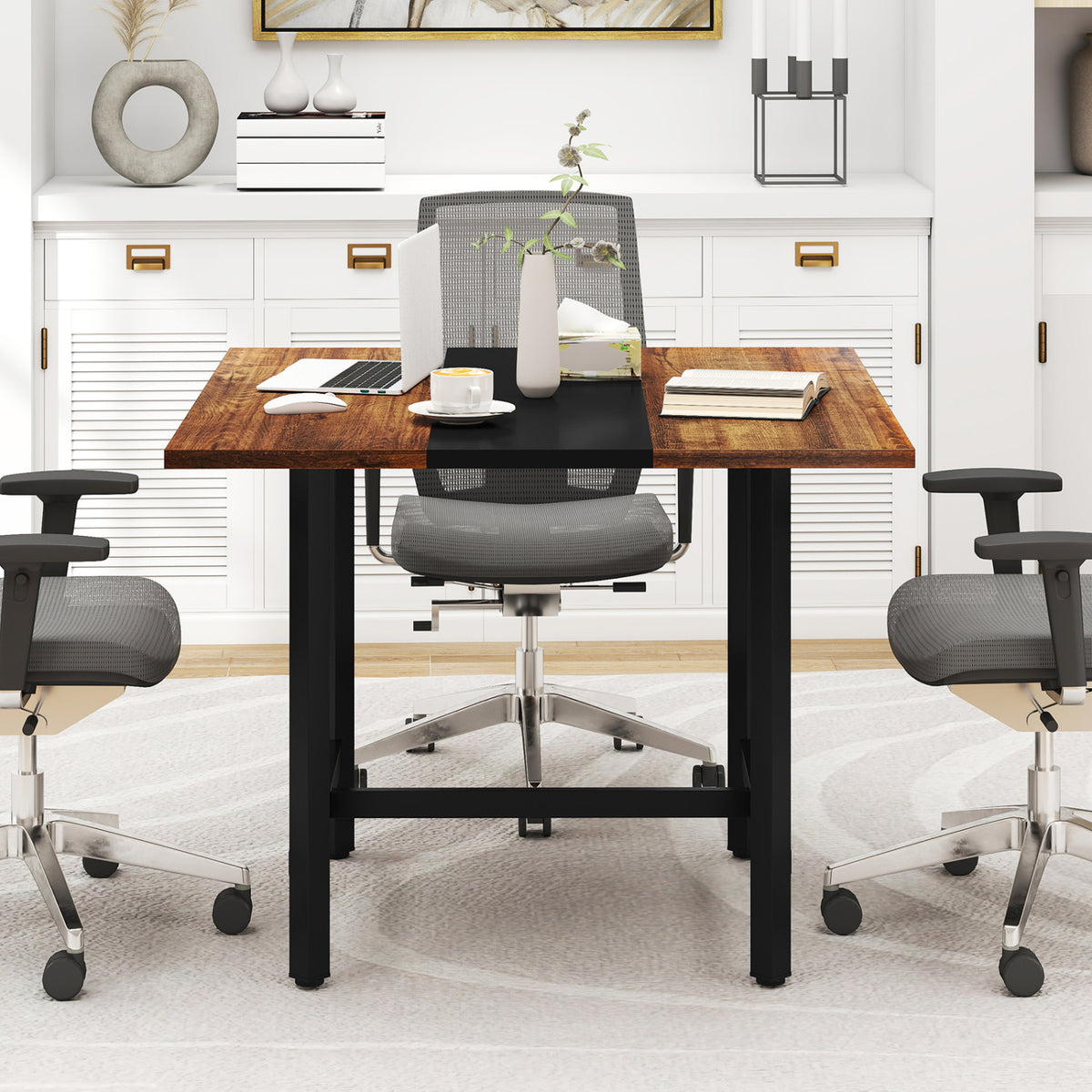 39.5 Inches Square Conference Table Meeting Room Table with Thickened Tabletop-Rustic Brown