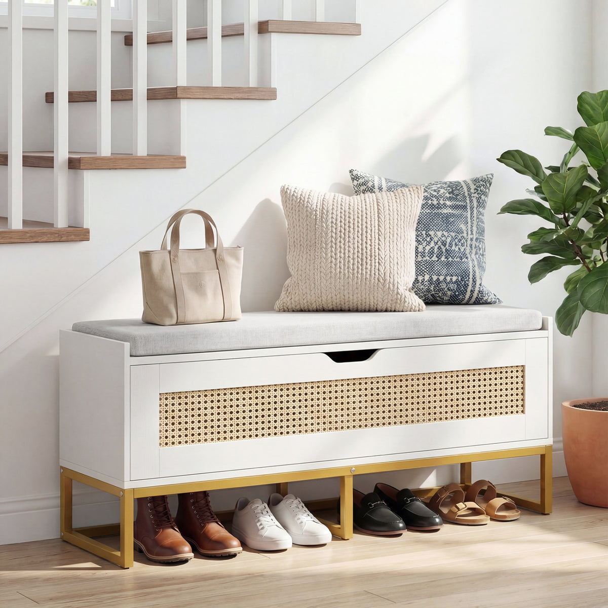 39.5" Rattan Storage Chest Wicker Shoe Bench with Padded Seat Flip-Top-White