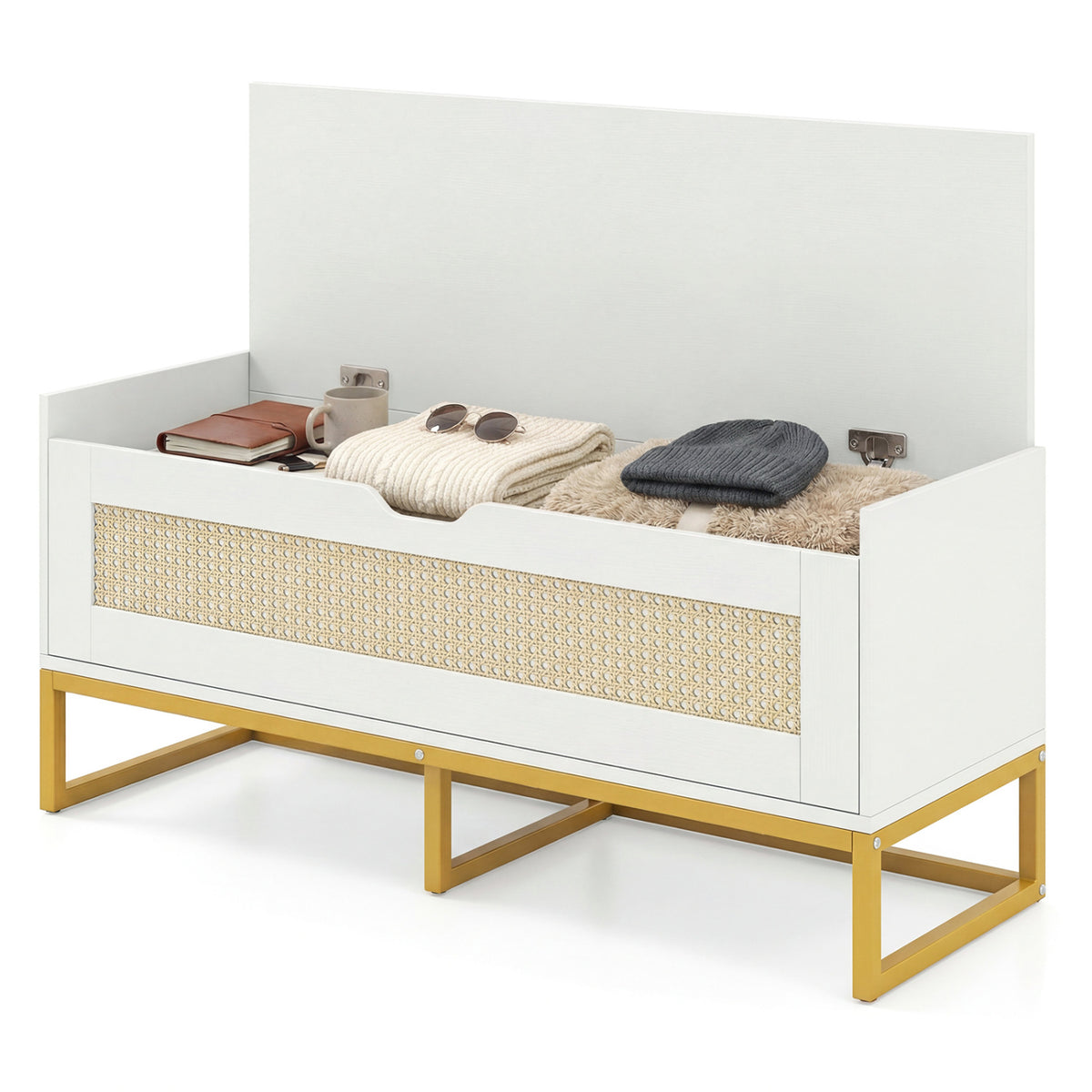 39.5" Rattan Storage Chest Wicker Shoe Bench with Padded Seat Flip-Top-White
