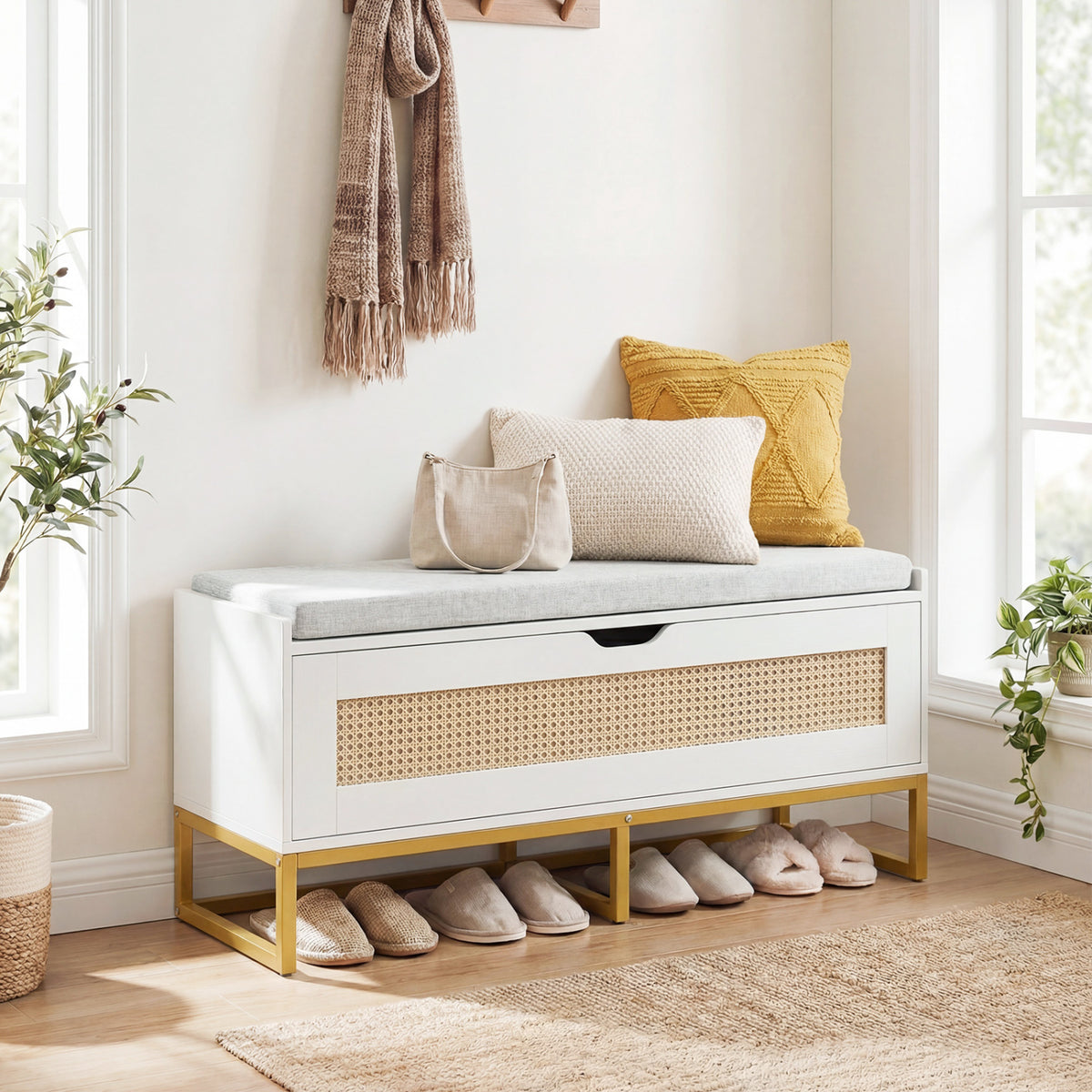 39.5" Rattan Storage Chest Wicker Shoe Bench with Padded Seat Flip-Top-White