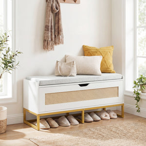 39.5" Rattan Storage Chest Wicker Shoe Bench with Padded Seat Flip-Top-White