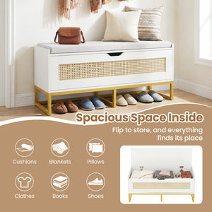 39.5" Rattan Storage Chest Wicker Shoe Bench with Padded Seat Flip-Top-White