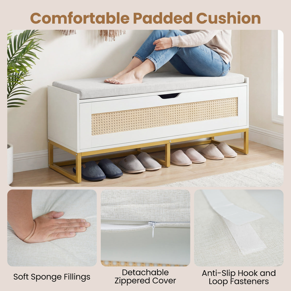 39.5" Rattan Storage Chest Wicker Shoe Bench with Padded Seat Flip-Top-White
