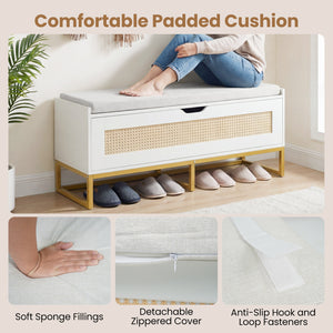 39.5" Rattan Storage Chest Wicker Shoe Bench with Padded Seat Flip-Top-White
