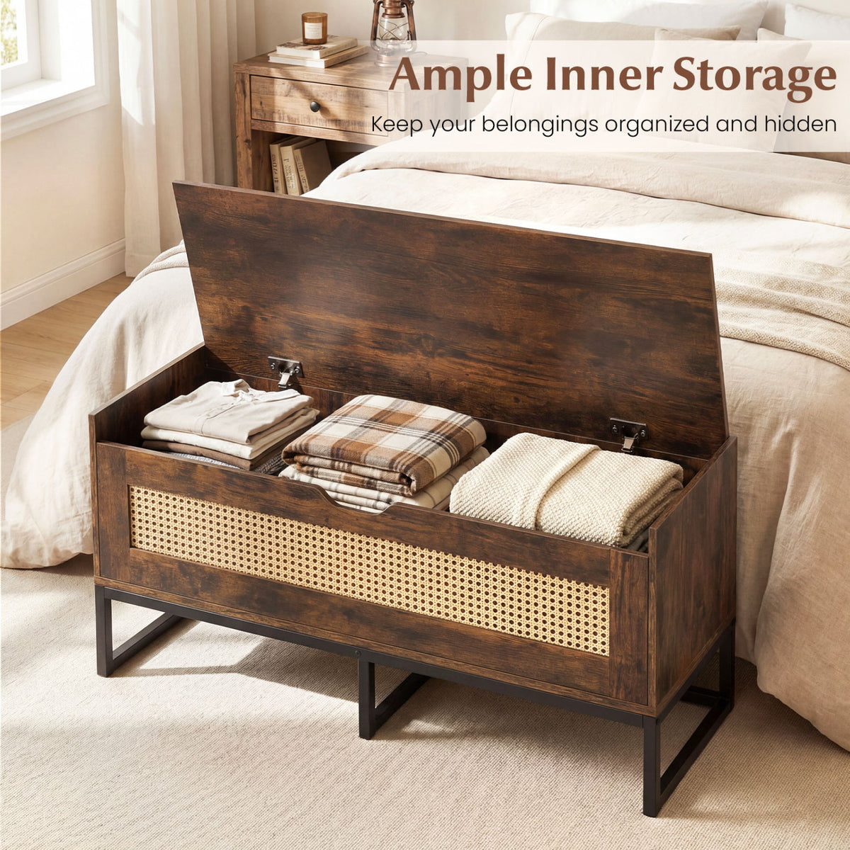 39.5" Rattan Storage Chest Wicker Shoe Bench with Padded Seat Flip-Top-Rustic Brown