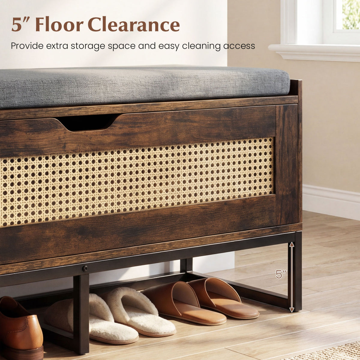 39.5" Rattan Storage Chest Wicker Shoe Bench with Padded Seat Flip-Top-Rustic Brown