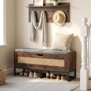 39.5" Rattan Storage Chest Wicker Shoe Bench with Padded Seat Flip-Top-Rustic Brown
