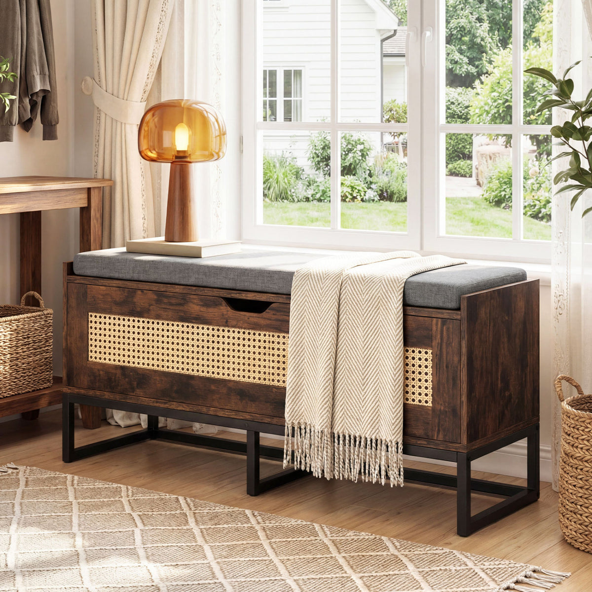 39.5" Rattan Storage Chest Wicker Shoe Bench with Padded Seat Flip-Top-Rustic Brown