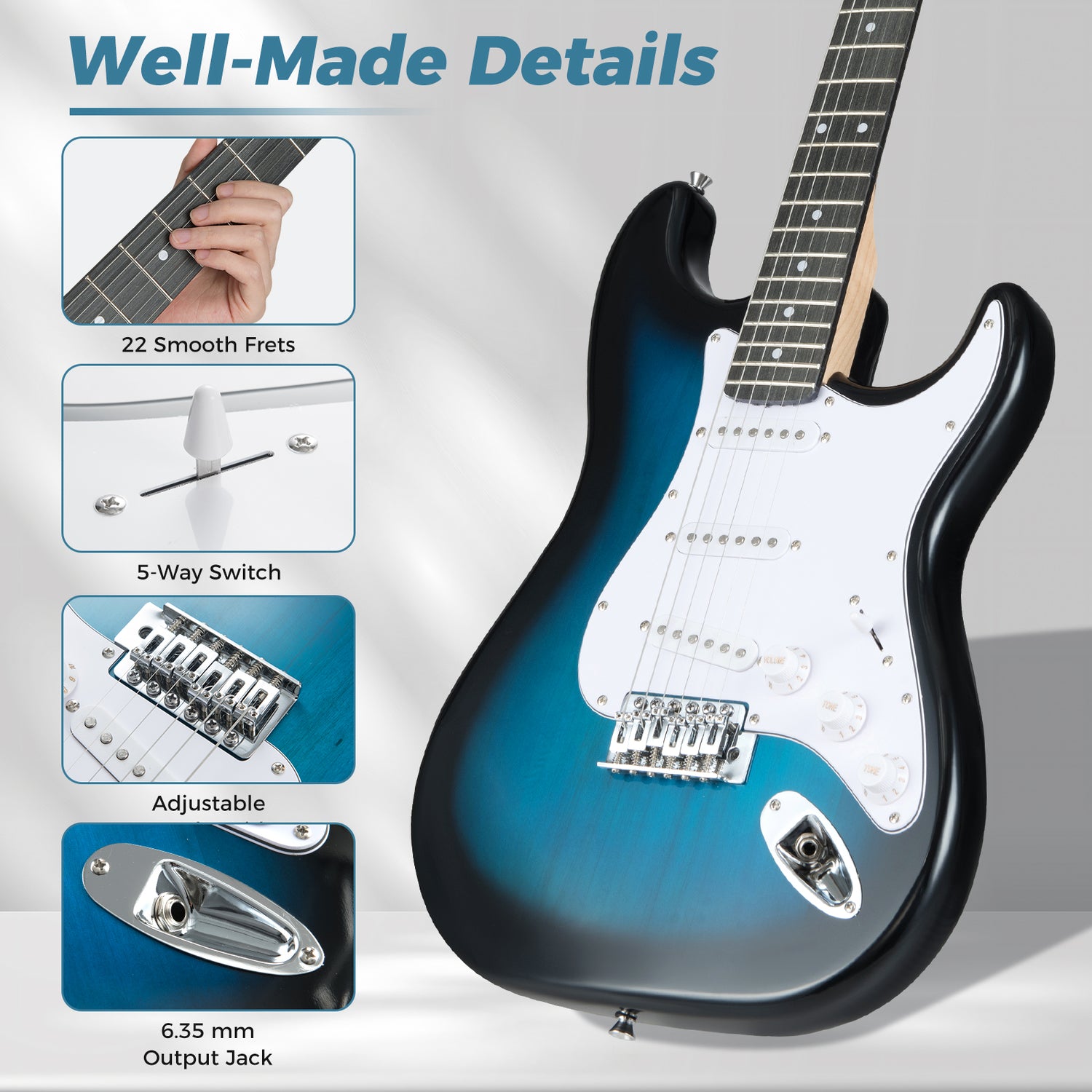 39 Inch Full Size Electric Guitar Beginner Kit with Amplifier for Starter-Blue