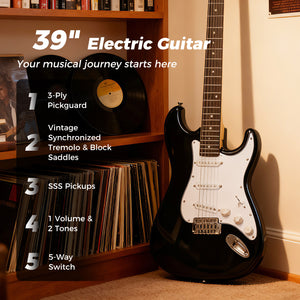 39 Inch Full Size Electric Guitar Beginner Kit with Amplifier for Starter-Black