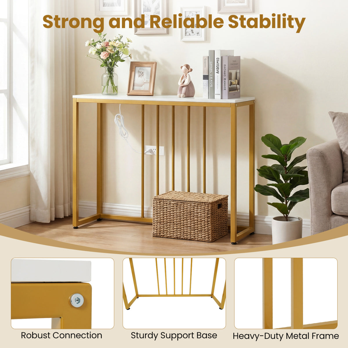 39"Modern Console Table with Built-in Charging Station-White