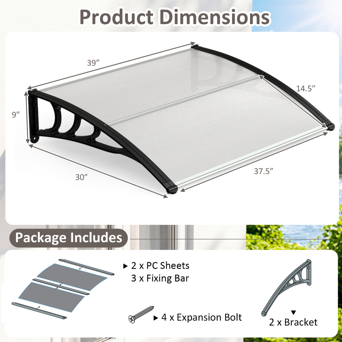 39 x 30 Inch Outdoor Front Door Window Awning Door Canopy Exterior-Black
