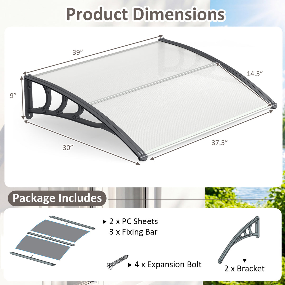 39 x 30 Inch Outdoor Front Door Window Awning Door Canopy Exterior-Gray