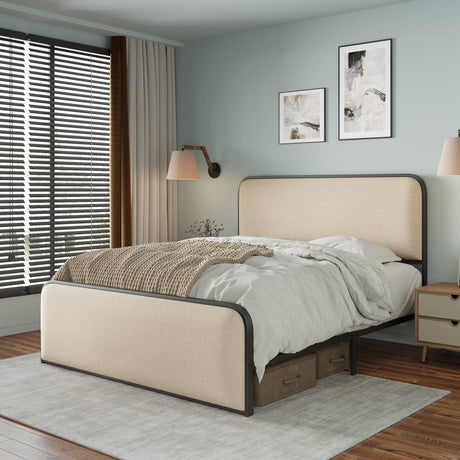 A modern bedroom features a curved beige upholstered bed with white bedding and a knitted throw. Two abstract paintings hang above. To the left, a window with closed blinds and beige curtains. A wooden nightstand with a lamp sits by the bed on a light gray rug.