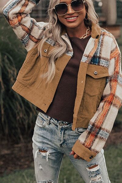 Plaid Corduroy Flap Pockets Button Up Jacket Trendy Outerwear With Classic Flap Pockets For Casual Comfort