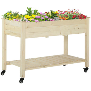 Outsunny - Raised Garden Bed, 47" x 22" x 33", Elevated Wooden Planter Box With Lockable Wheels, Storage Shelf, And Bed Liner For Backyard, Patio - Natural by Couch.com