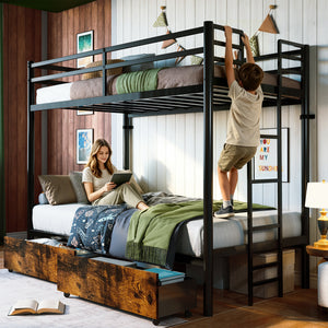 Twin over Twin Metal Bunk Bed with 2 Storage Drawers, Heavy Duty Bunk Bed Frame with 11.3' Safety Guardrail & Ladder, No Box Spring Needed, Noise-Free, Black