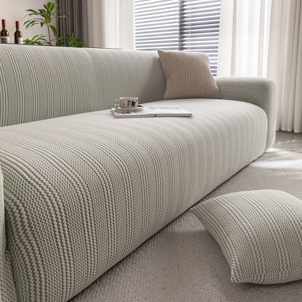 Modern Textured Stretch Sofa Cover, Plush Fleece Sofa Slipcover with 3D Stripe Texture