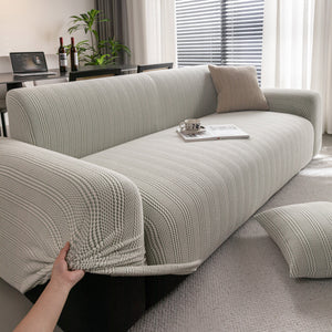 Modern Textured Stretch Sofa Cover, Plush Fleece Sofa Slipcover with 3D Stripe Texture