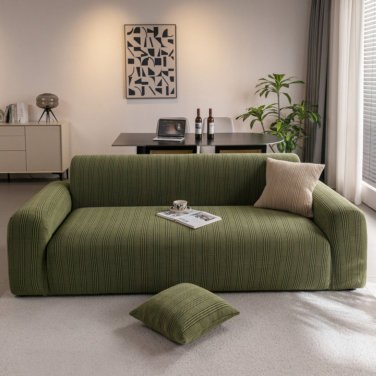 Modern Textured Stretch Sofa Cover, Plush Fleece Sofa Slipcover with 3D Stripe Texture