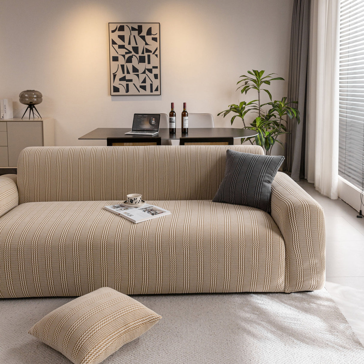 Modern Textured Stretch Sofa Cover, Plush Fleece Sofa Slipcover with 3D Stripe Texture