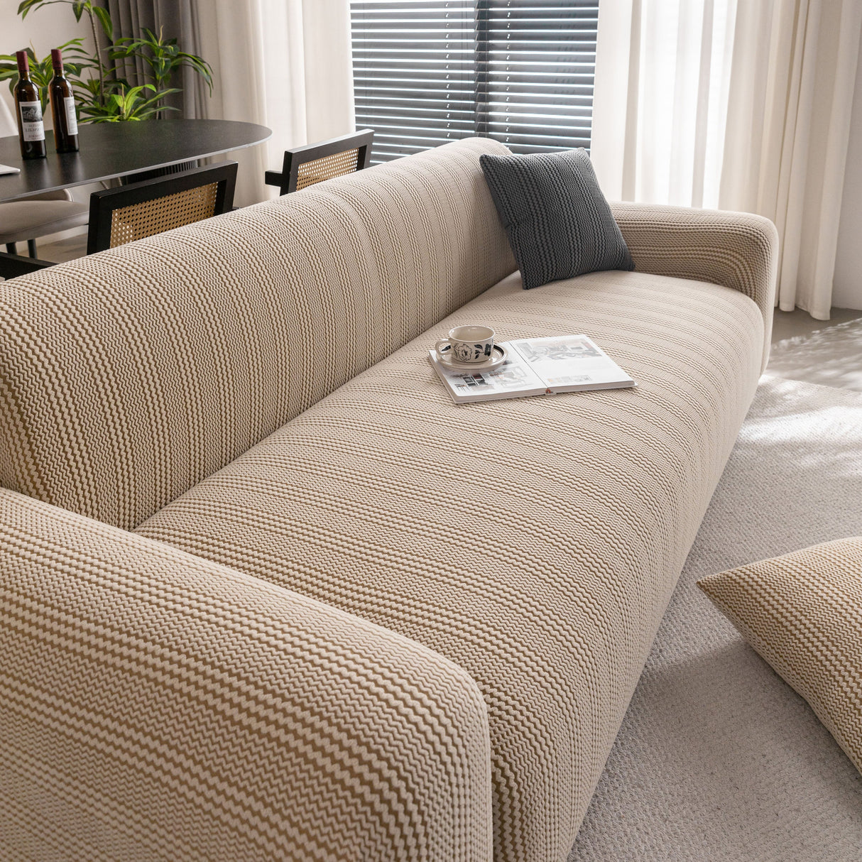 Modern Textured Stretch Sofa Cover, Plush Fleece Sofa Slipcover with 3D Stripe Texture