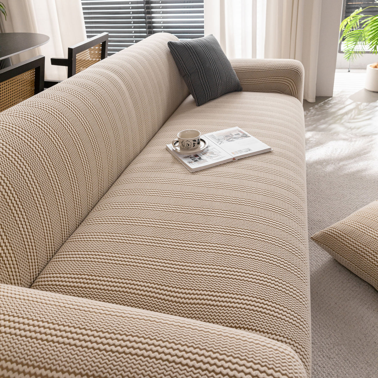Modern Textured Stretch Sofa Cover, Plush Fleece Sofa Slipcover with 3D Stripe Texture
