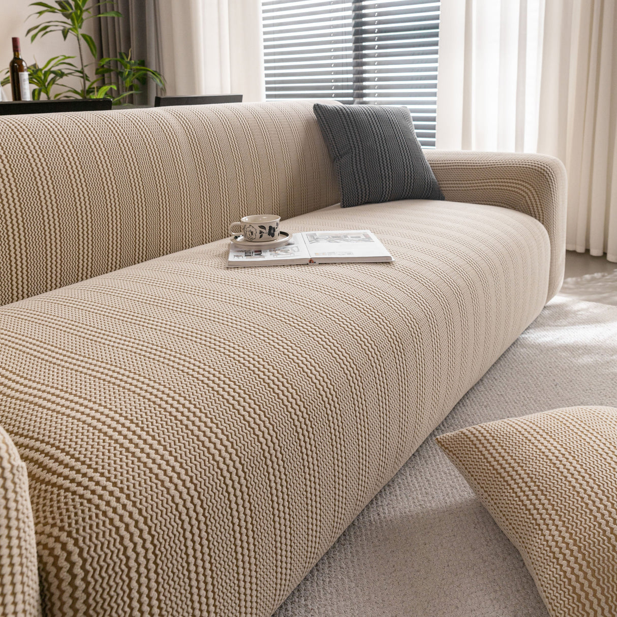 Modern Textured Stretch Sofa Cover, Plush Fleece Sofa Slipcover with 3D Stripe Texture
