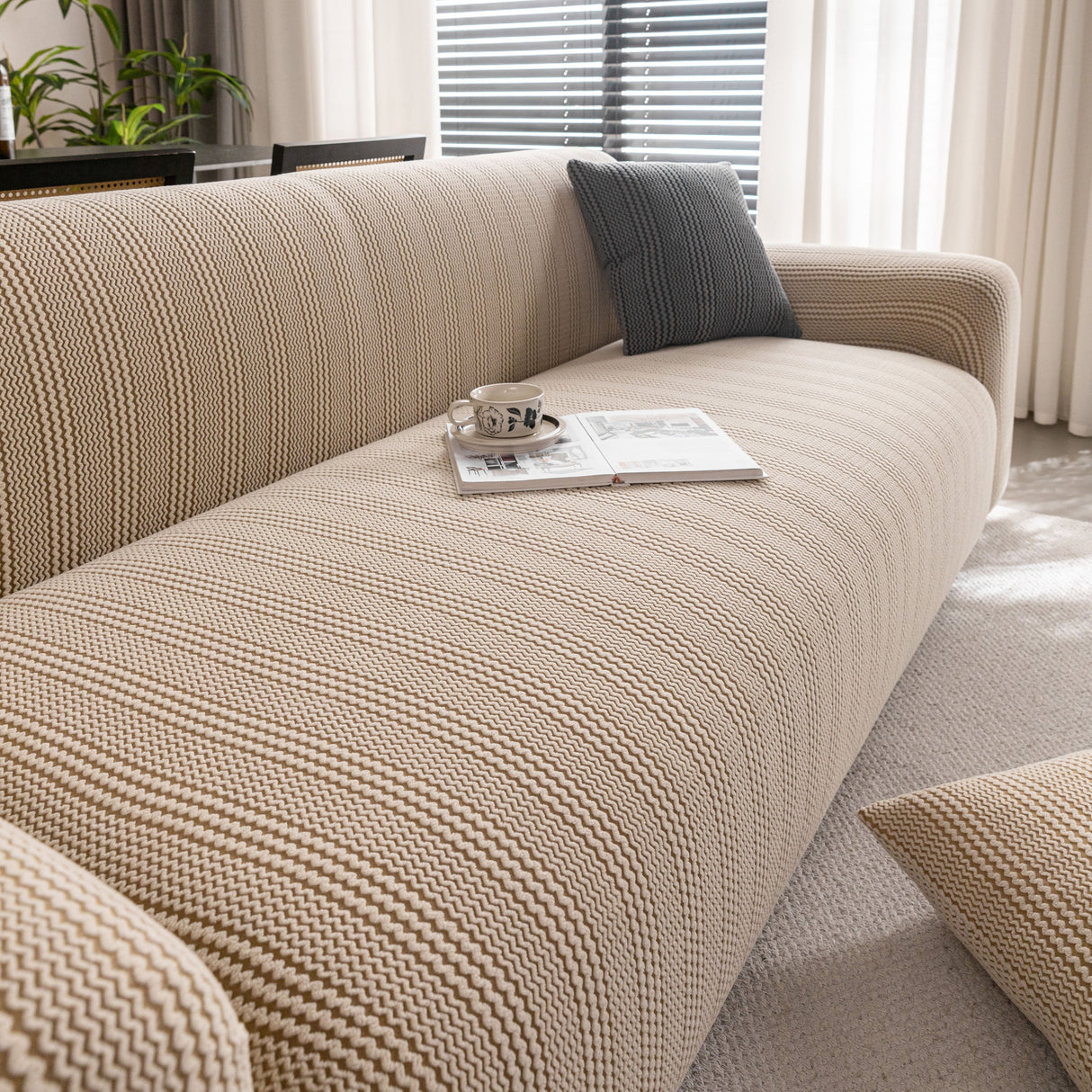 Modern Textured Stretch Sofa Cover, Plush Fleece Sofa Slipcover with 3D Stripe Texture