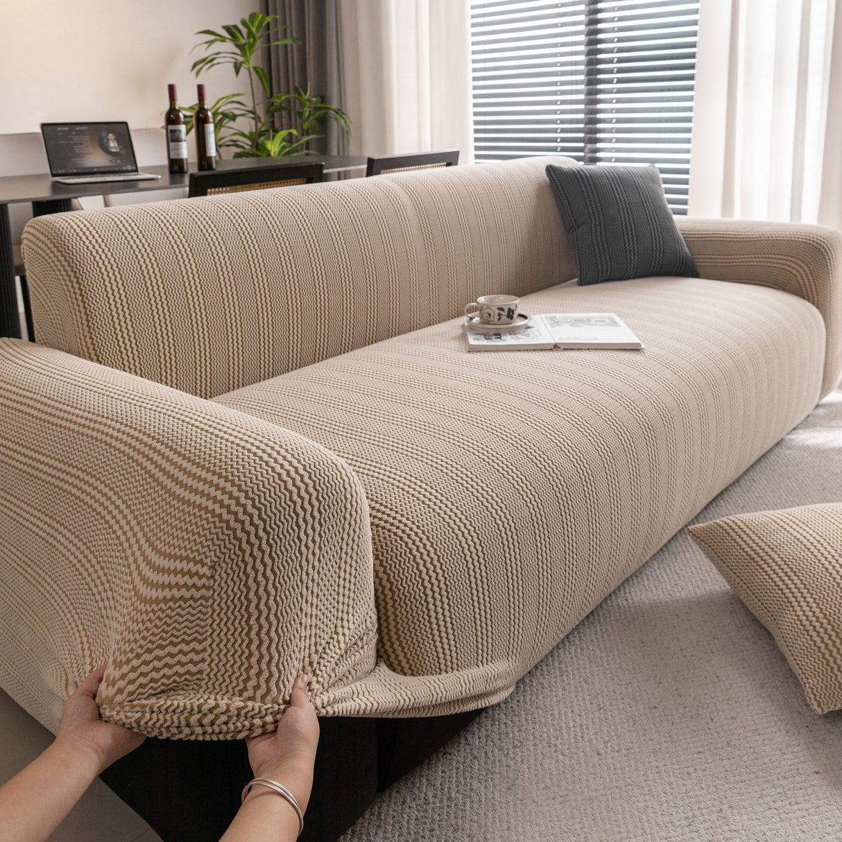 Modern Textured Stretch Sofa Cover, Plush Fleece Sofa Slipcover with 3D Stripe Texture