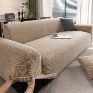 Modern Textured Stretch Sofa Cover, Plush Fleece Sofa Slipcover with 3D Stripe Texture
