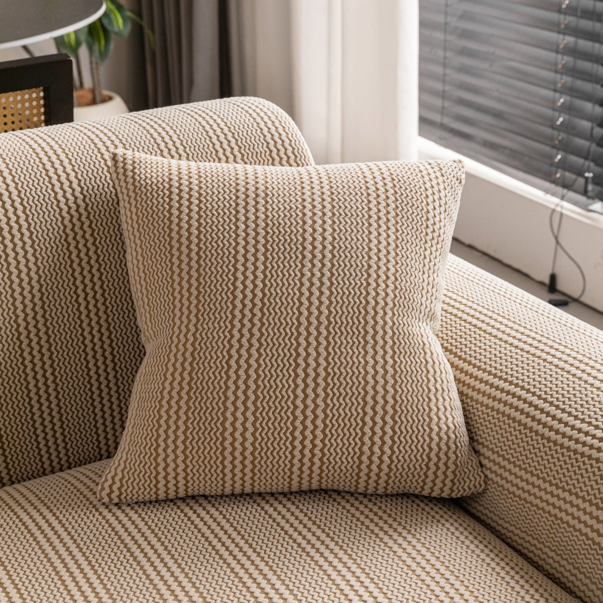 Modern Textured Stretch Sofa Cover, Plush Fleece Sofa Slipcover with 3D Stripe Texture