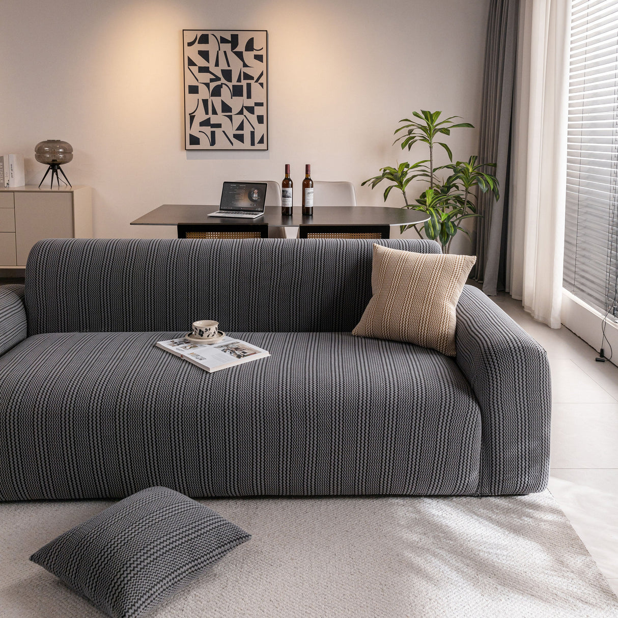 Modern Textured Stretch Sofa Cover, Plush Fleece Sofa Slipcover with 3D Stripe Texture