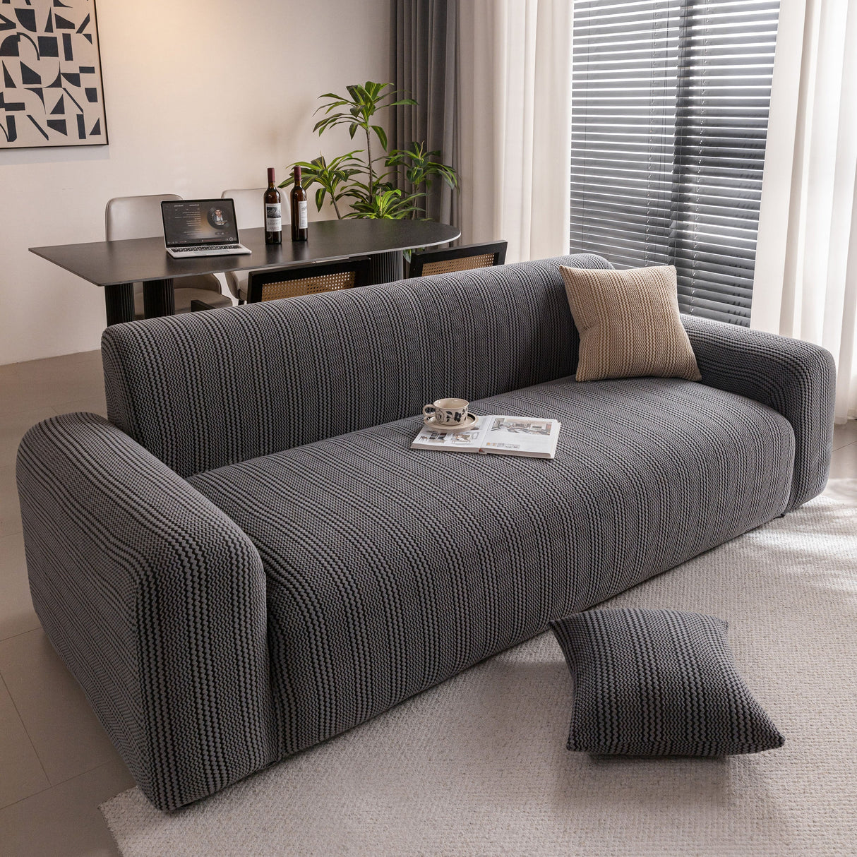 Modern Textured Stretch Sofa Cover, Plush Fleece Sofa Slipcover with 3D Stripe Texture