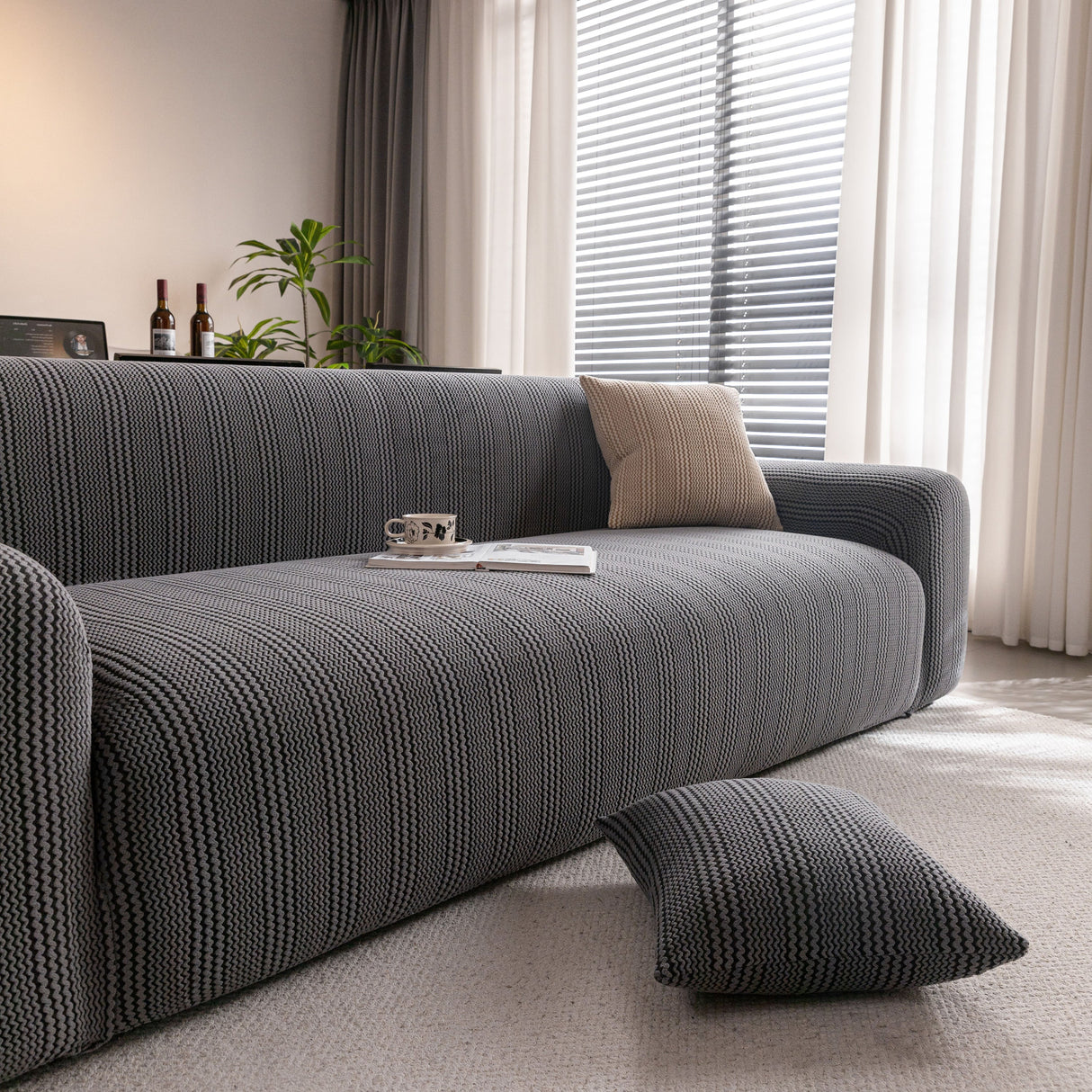 Modern Textured Stretch Sofa Cover, Plush Fleece Sofa Slipcover with 3D Stripe Texture