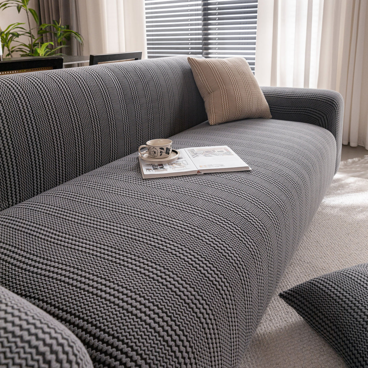 Modern Textured Stretch Sofa Cover, Plush Fleece Sofa Slipcover with 3D Stripe Texture