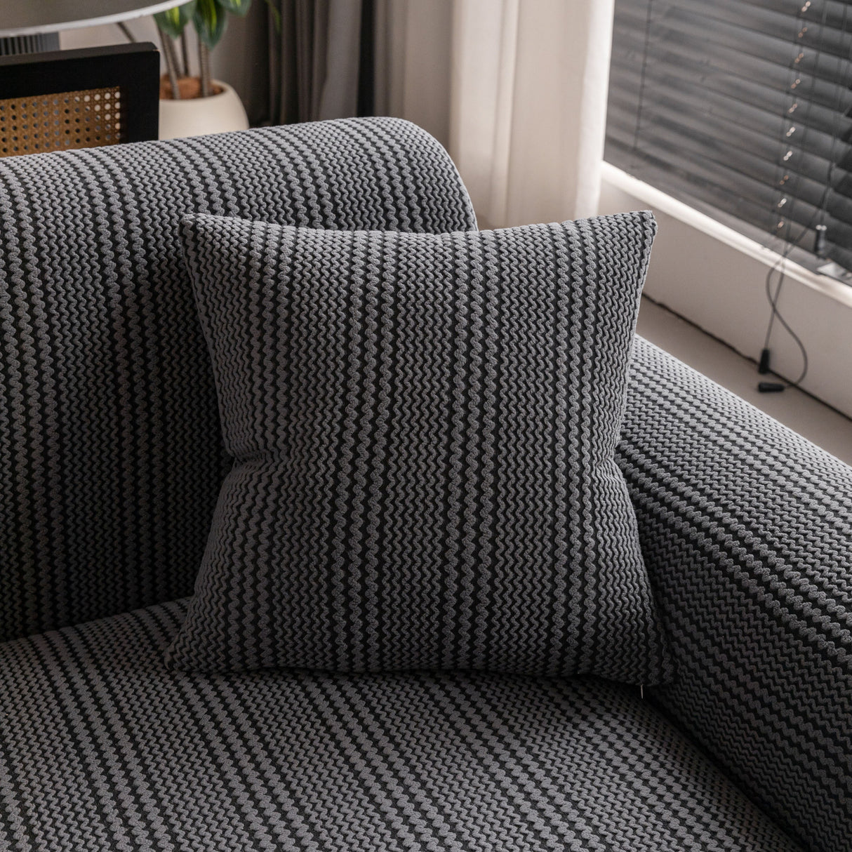 Modern Textured Stretch Sofa Cover, Plush Fleece Sofa Slipcover with 3D Stripe Texture